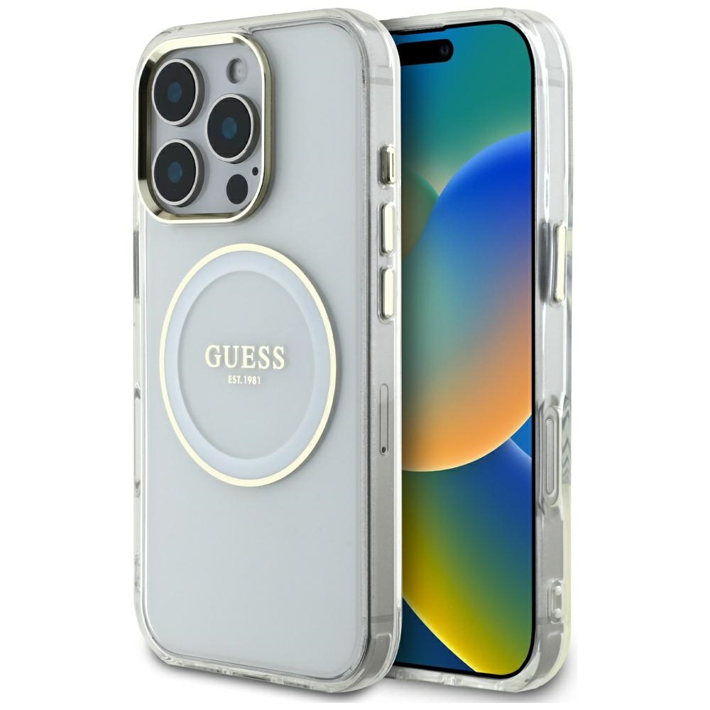 Guess IML Metal Colored Circle Classic Logo Magnetinis dėklas telefonui iPhone 16 Pro - baltas