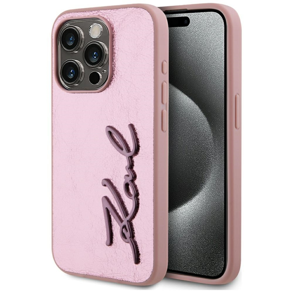 Karl Lagerfeld Wrinkled Metal Signature dėklas telefonui iPhone 15 Pro Max - rožinis