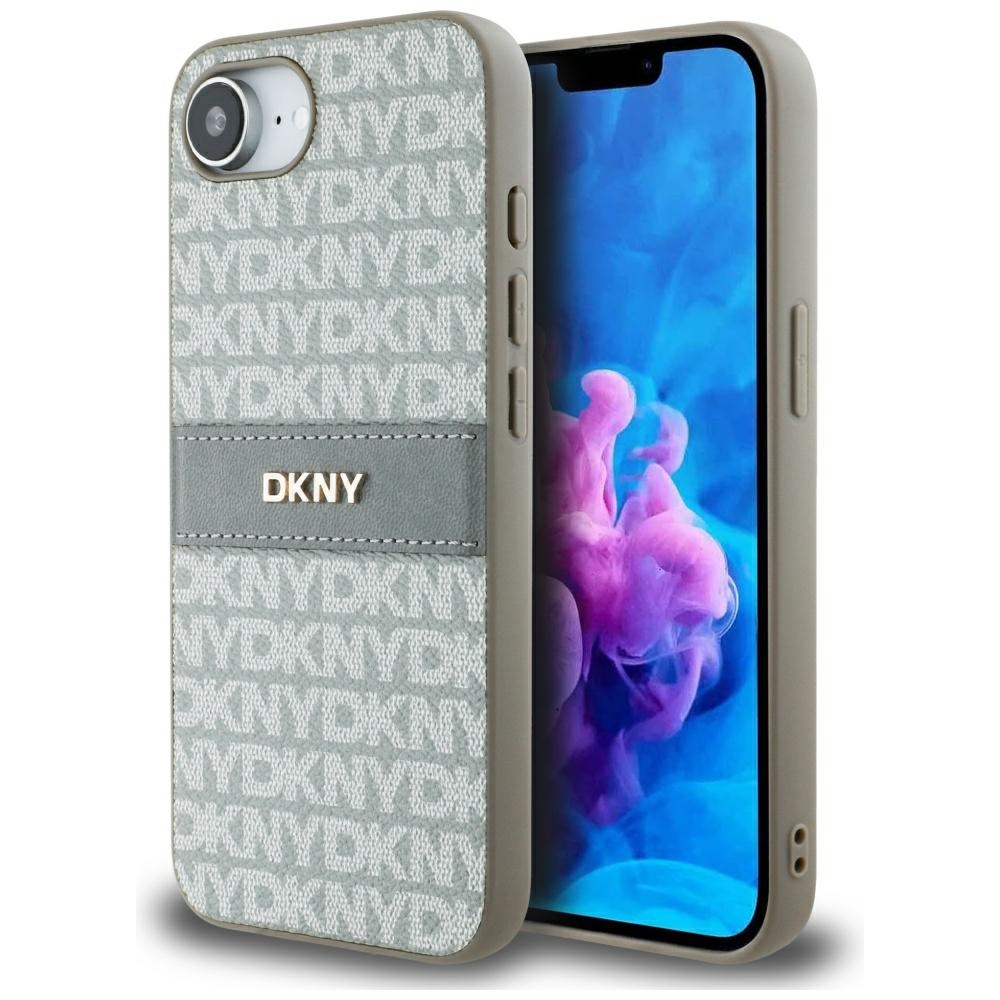 DKNY kartojamo tekstūros rašto su toninėmis juostelėmis iPhone 16e dėklas - smėlio spalvos