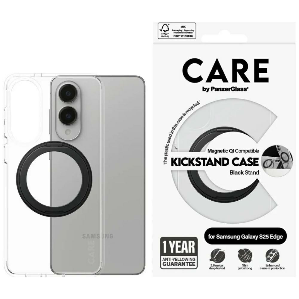 CARE by PanzerGlass Funkcinis juodas dėklas su stovu ir QI Samsung Galaxy S25 Edge - skaidrus
