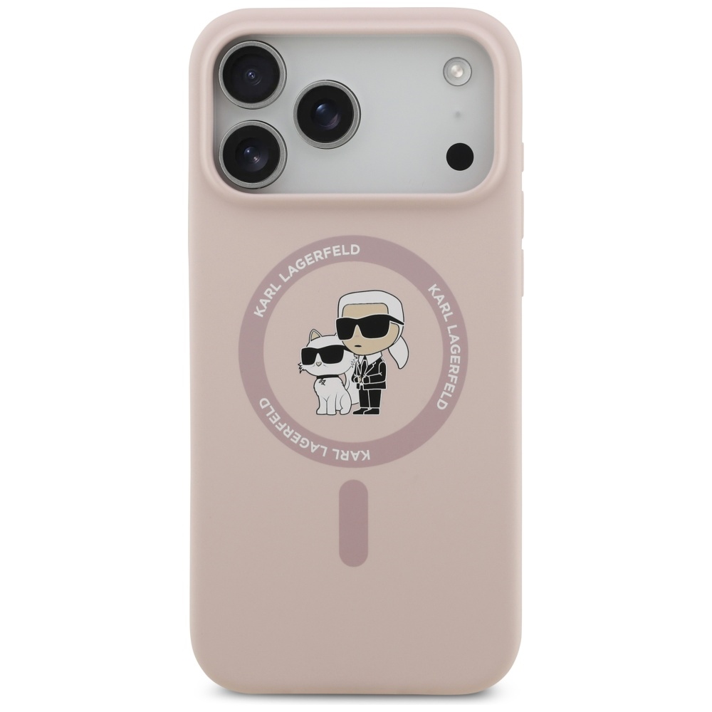 Karl Lagerfeld silikoninis Karl&Choupette žiedinis magnetinis dėklas telefonui iPhone 17 Pro Max - rožinis
