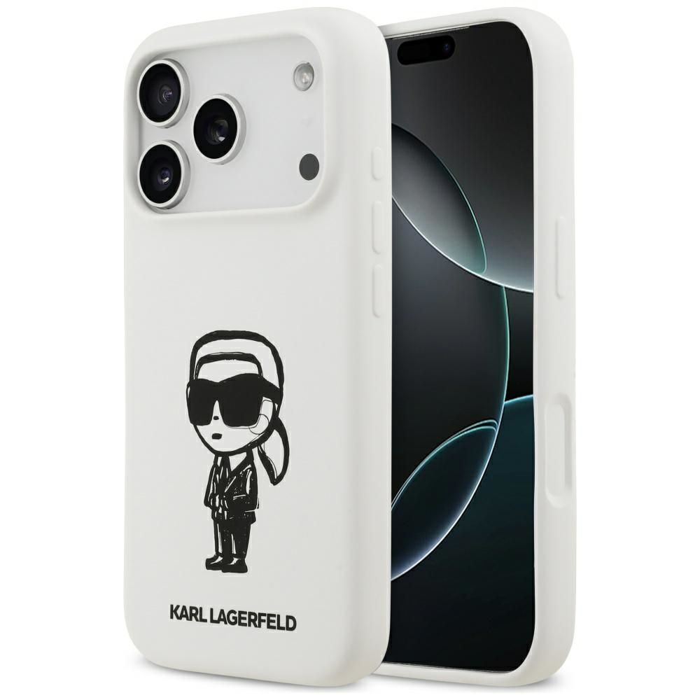 KARL LAGERFELD dėklas telefonui IPHONE 17 Pro suderinamas su Magnetine KLHMP17LSKIGROH (Silicone W/ KL Sketch & Logo) baltas