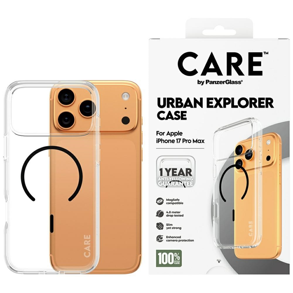 CARE by PanzerGlass Flagship Urban Explorer dėklas su juodu MagSafe iPhone 17 Pro Max - permatomas