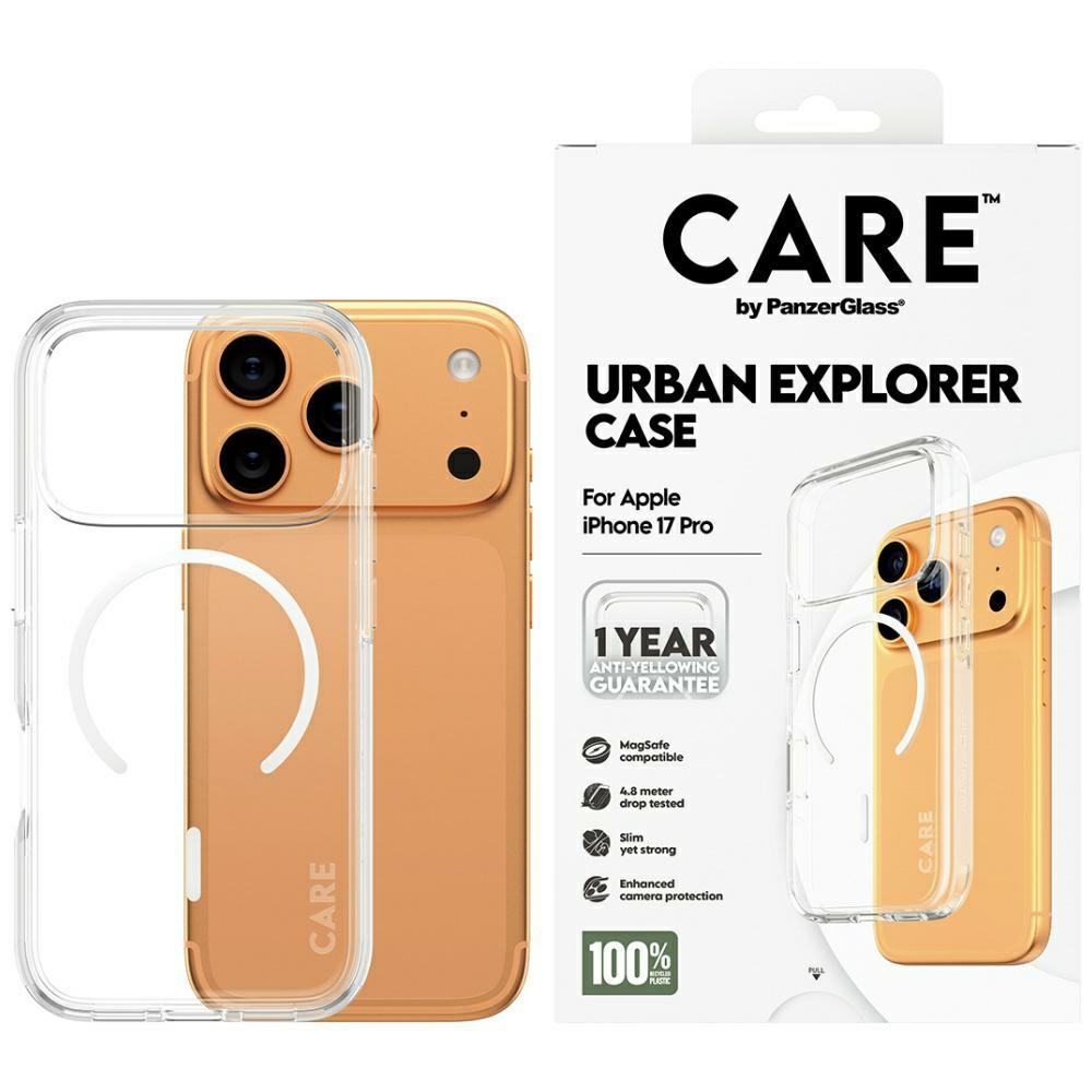 CARE by PanzerGlass Flagship Urban Explorer dėklas telefonui su baltu magnetiniu MagSafe, skirtas iPhone 17 Pro – skaidrus