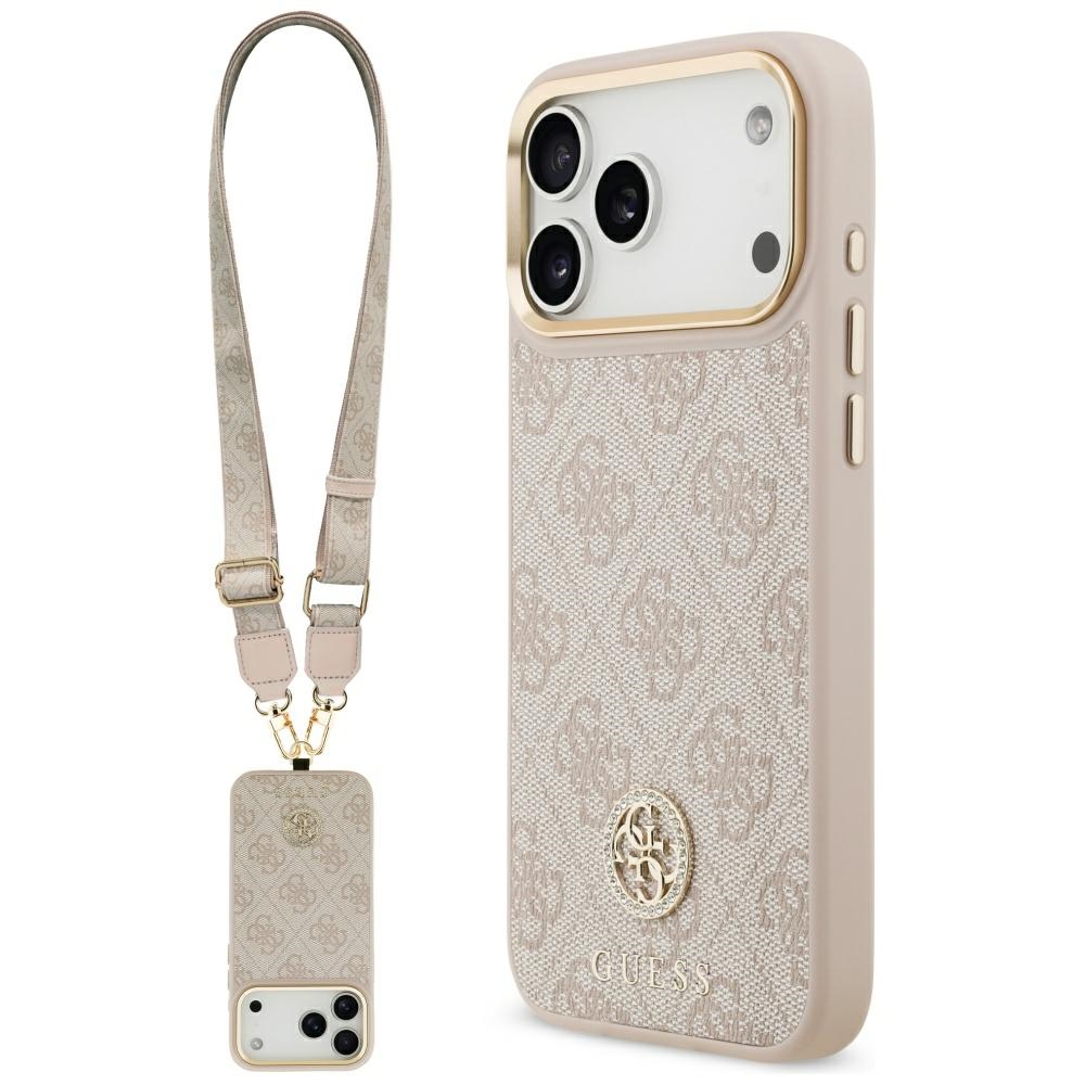 Guess 4G Strass Logo & Big Strap Metal Buttons Magnetinis dėklas telefonui iPhone 17 Pro Max - rožinė