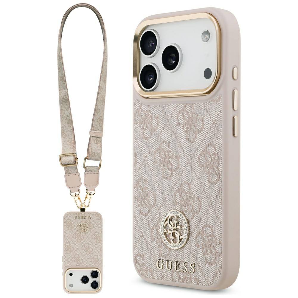 Guess 4G Strass Logo & Big Strap Metal Buttons Magnetinis dėklas telefonui iPhone 17 Pro - rožinė