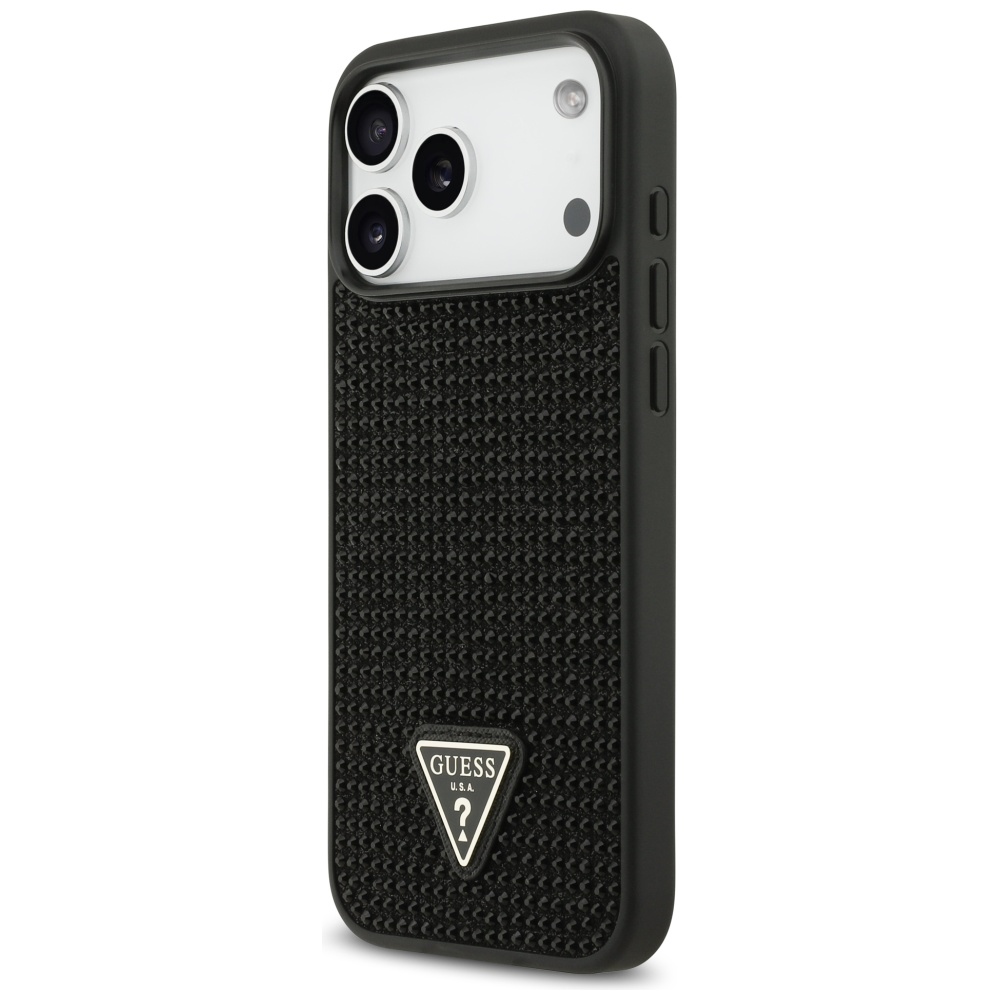 Guess Rhinestone Triangle Logo dėklas telefonui iPhone 17 Pro Max - juodas