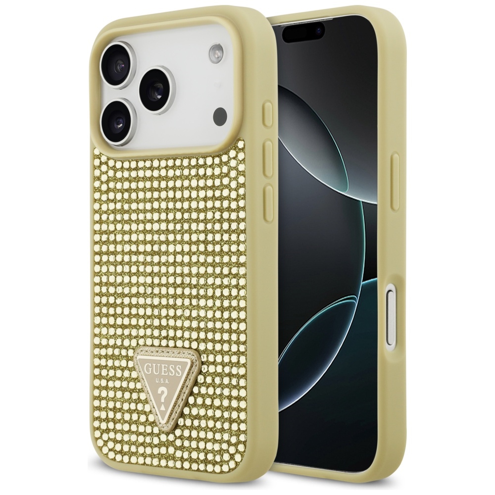 Guess Rhinestone Triangle Logo dėklas telefonui iPhone 17 Pro - auksinė