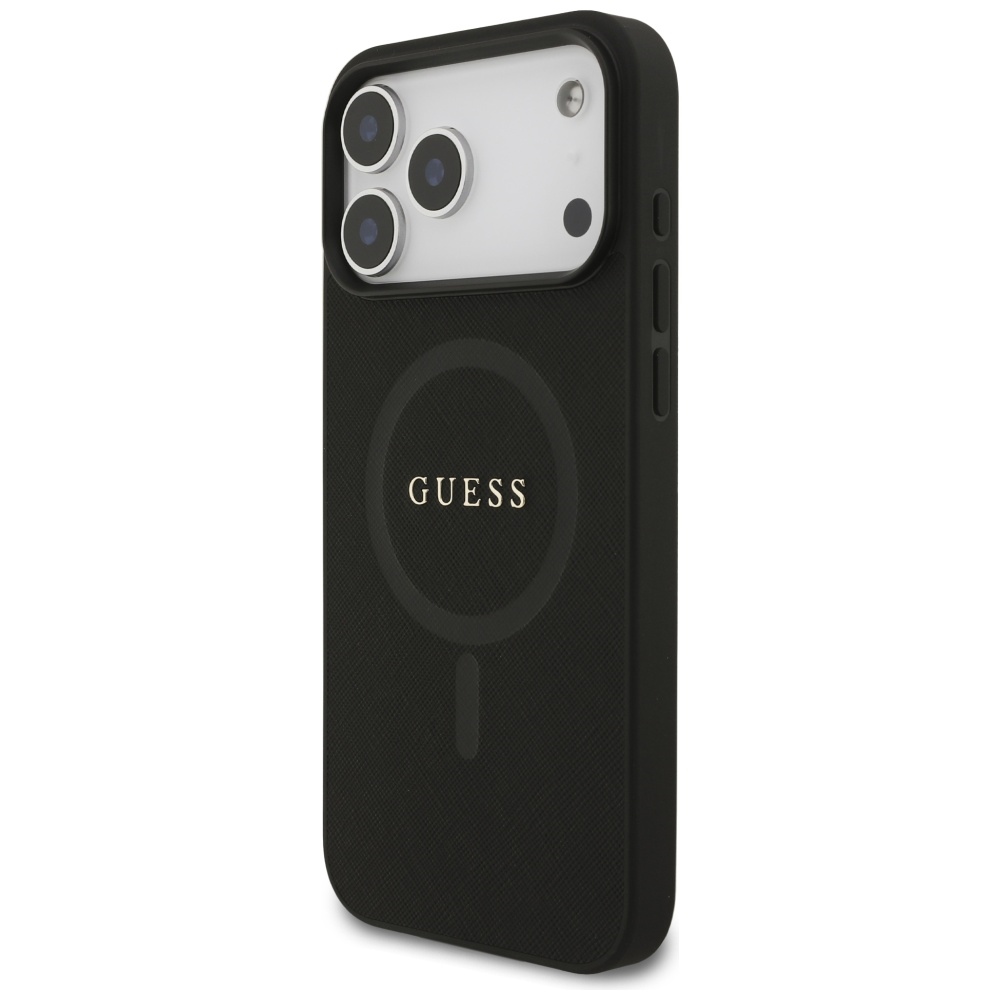 Guess Saffiano klasikinis MagSafe dėklas telefonui iPhone 17 Pro Max su logotipu - juodas
