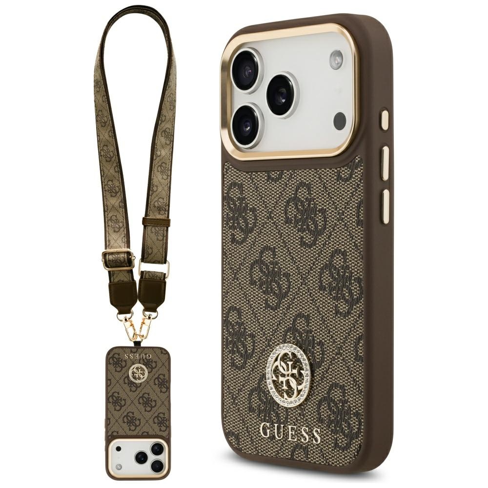 Guess 4G Strass Logo & Big Strap Metal Buttons Magnetinis dėklas telefonui iPhone 17 Pro - rudas