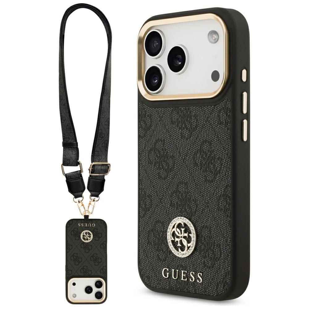 Guess 4G Strass Logo & Big Strap Metal Buttons Magnetinis dėklas telefonui iPhone 17 Pro - juodas