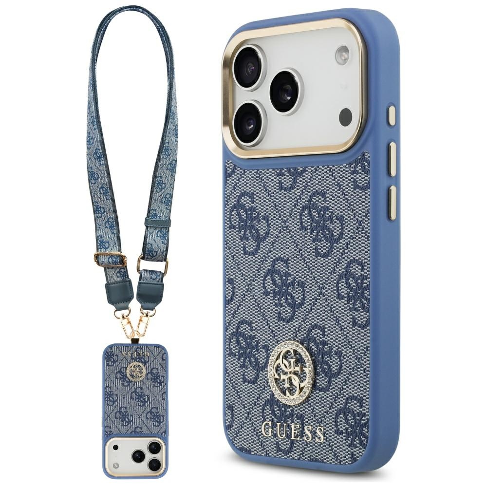 Guess 4G Strass Logo & Big Strap Metal Buttons Magnetinis dėklas telefonui iPhone 17 Pro - mėlynas