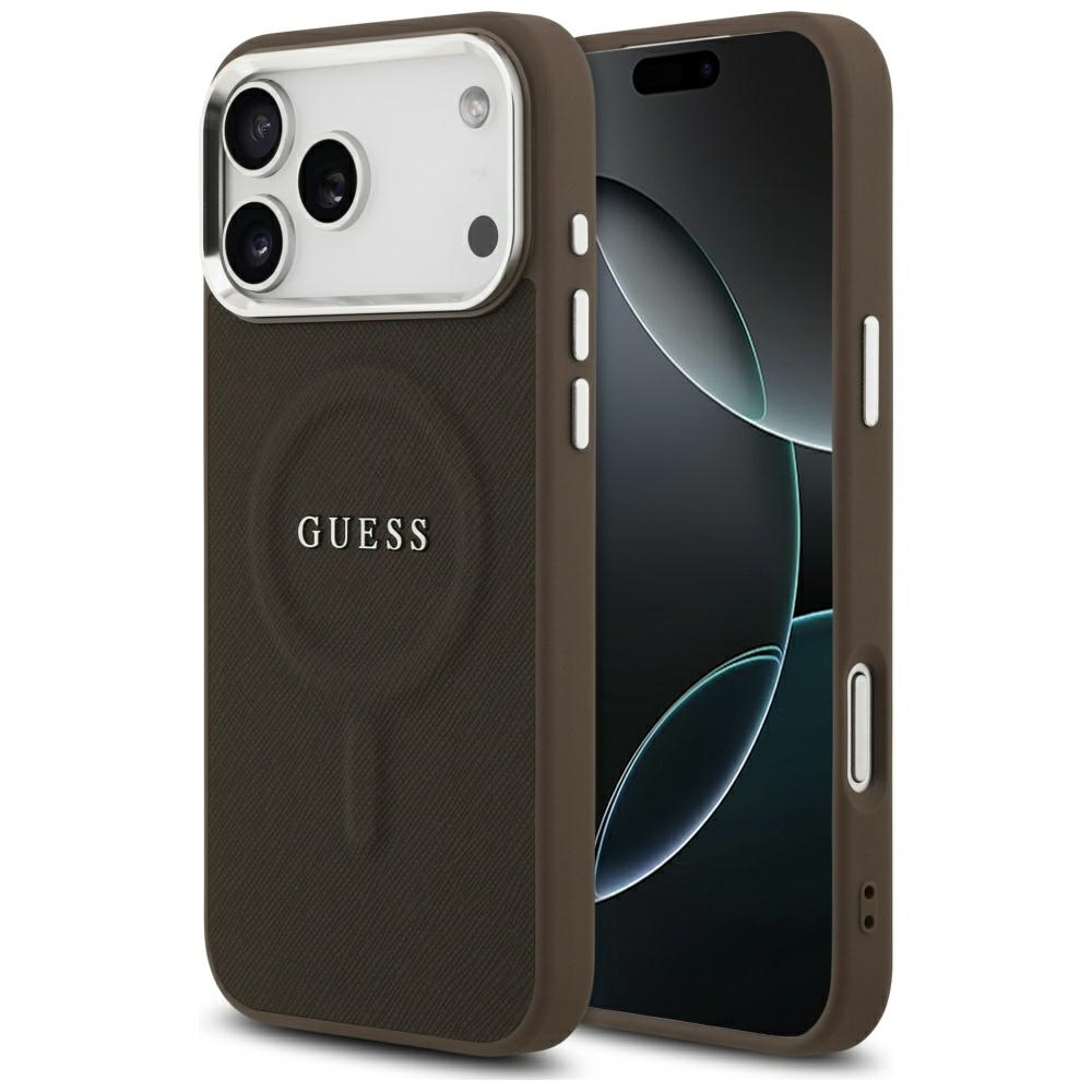 Guess klasikinio logotipo magnetinis dėklas, skirtas iPhone 17 Pro – rudas