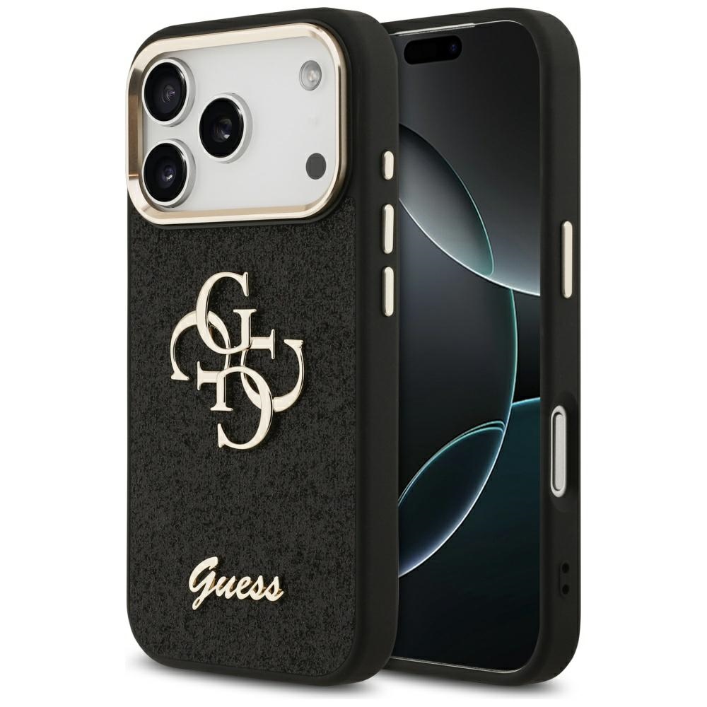 Guess Fiksuotas Blizgus Didelis 4G Metalinis rėmas dėklas telefonui iPhone 17 Pro - juodas