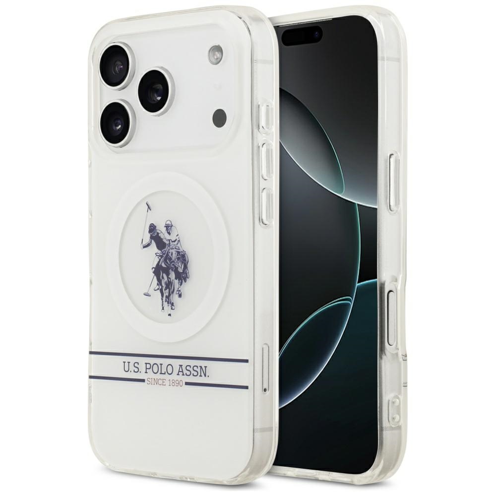 US Polo DH ir apatinės juostos logotipas Magnetinis dėklas telefonui iPhone 17 Pro - baltas