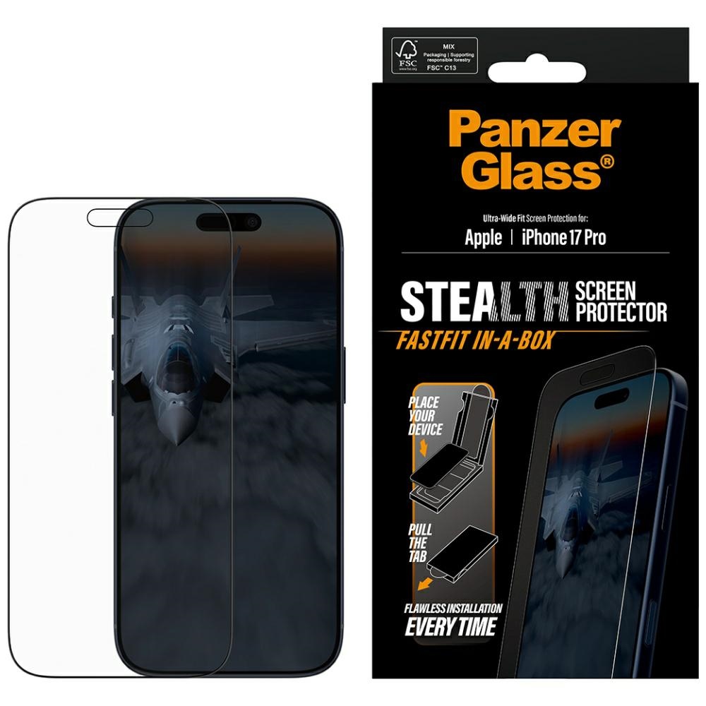 PanzerGlass Stealth itin platus Fastfit grūdintas apsauginis stiklas iPhone 17 Pro telefonui