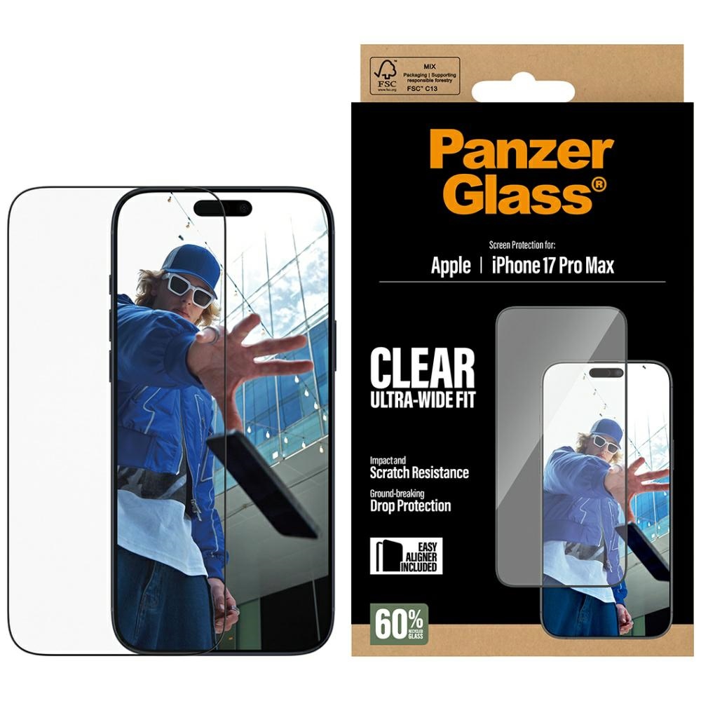 PanzerGlass itin platus EasyAligner grūdintas apsauginis stiklas iPhone 17 Pro Max telefonui