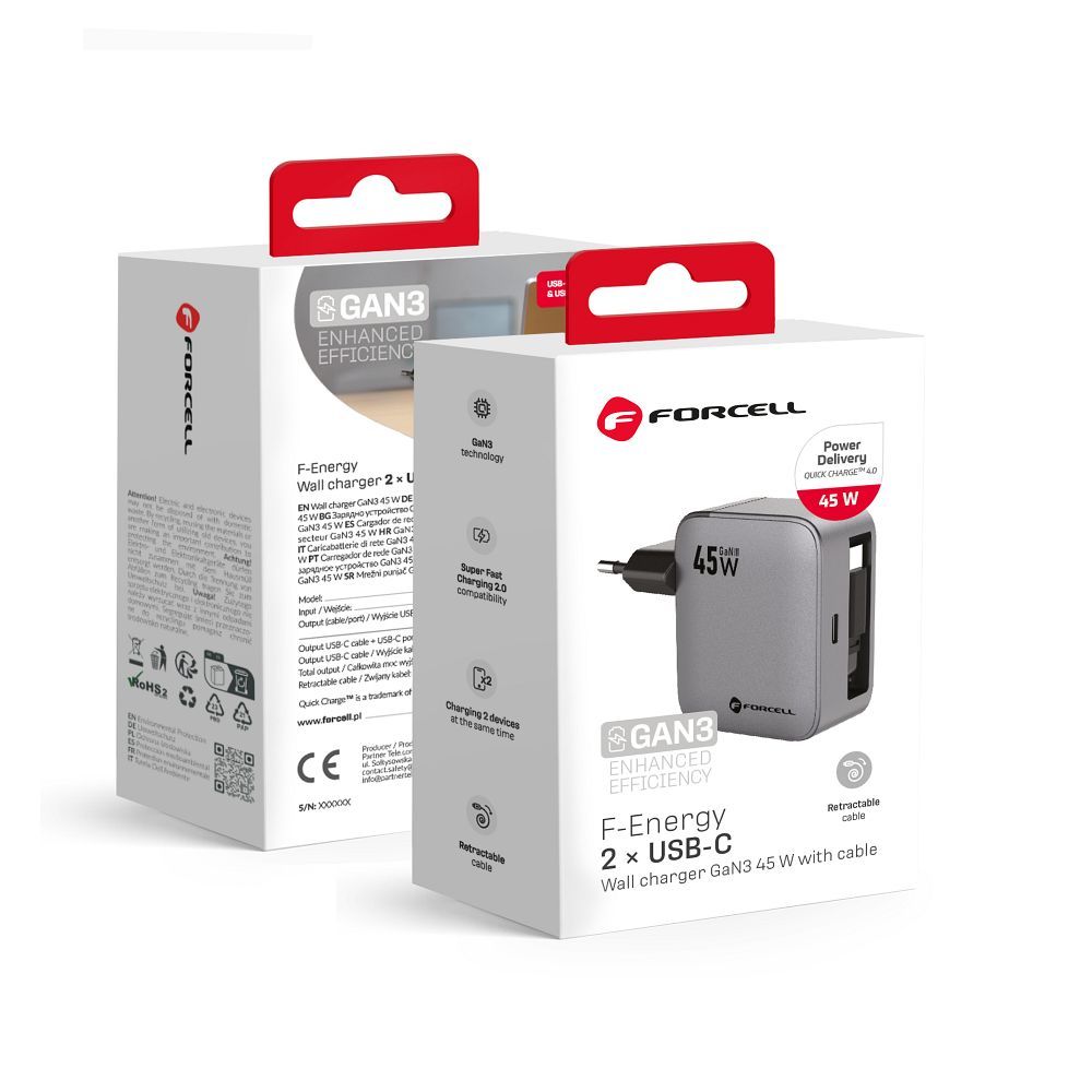 FORCELL F-ENERGY GaN III VT-R5 kelioninis įkroviklis su ištraukiamu kabeliu Type C ir Type C įkrovimo prievadu PD QC4.0 3A 45W pilkas