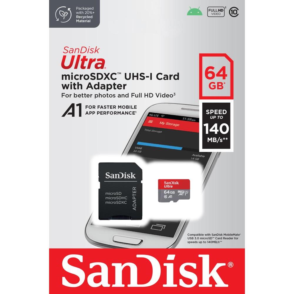 SanDisk atminties kortelė Ultra Android microSDXC 64GB 140MB/s A1 Cl.10 UHS-I + adapteris