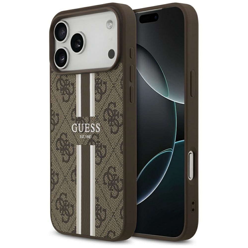 GUESS dėklas telefonui IPHONE 17 Pro Max, suderinamas su MagSafe GUHMP17XP4RPSW (4G Printed Stripes), rudas