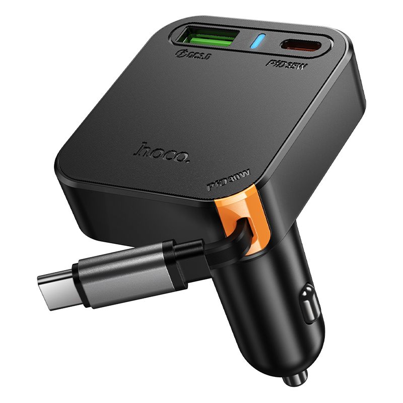 Automobilinis įkroviklis Hoco su ištraukiamu kabeliu 2 x USB C + USB A QC PD 65W NZ18 juodas
