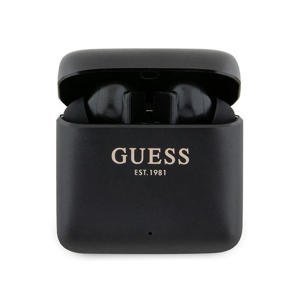 Guess Bluetooth ausinės GUTWSSU20ALEGK TWS + įkrovimo stotelė juodos su atspausdintu logotipu