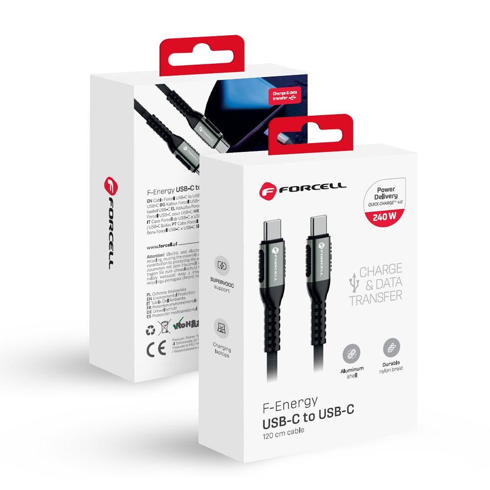 Kabelis FORCELL F-ENERGY C263 Type C į Type C QC4.0 PD 5A 240W Cafule 1,2 m juodas