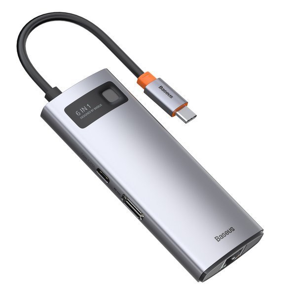 Baseus Metal Gleam Series 6-in-1 daugiafunkcinė Type-C HUB dokavimo stotis pilka (Type-C į HDMI*1+USB3.0*3+PD*1+RJ45*1)