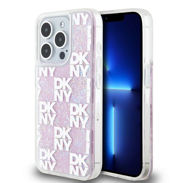 DKNY dėklas telefonui iPhone 15 Pro 6,1" DKHCP15LLCPEPP baltas HC skysti blizgučiai su languotas raštas