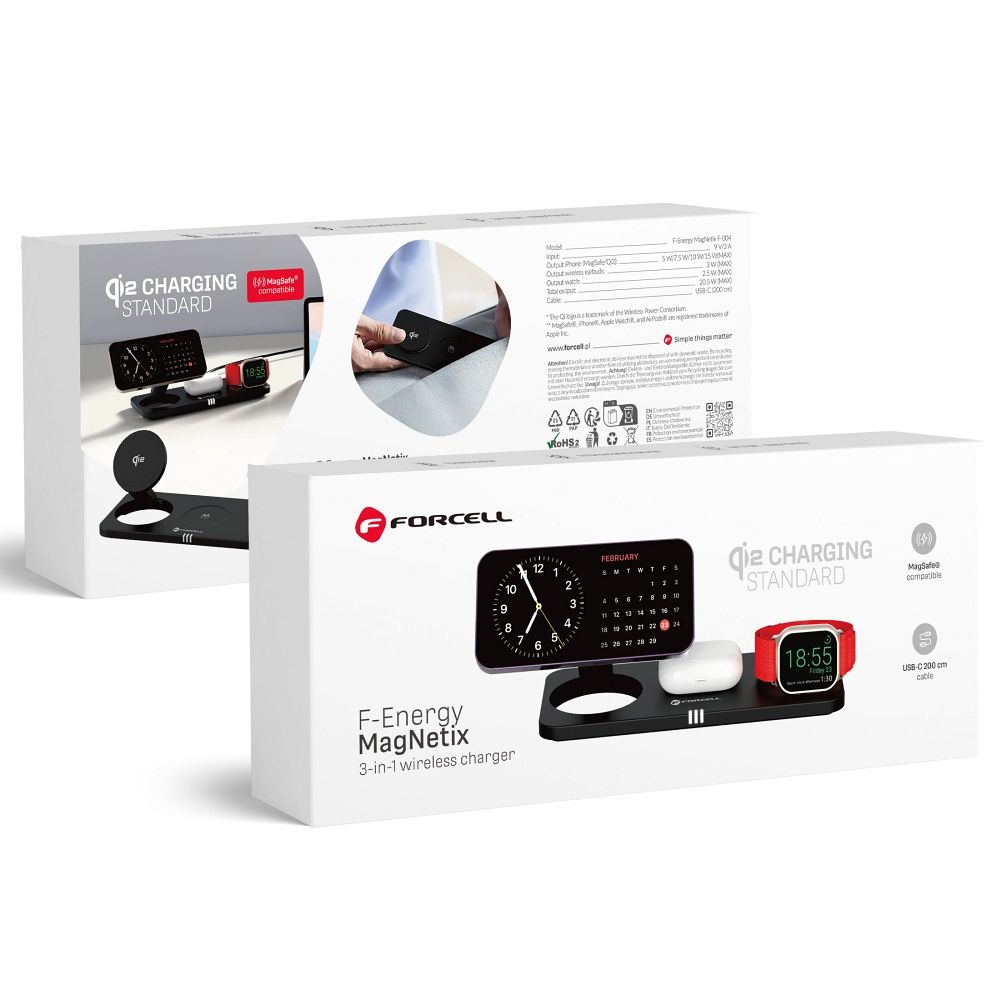 FORCELL F-ENERGY MagNetix 3w1 Qi2 20,5W belaidis įkroviklis suderinamas su MagSafe juodas