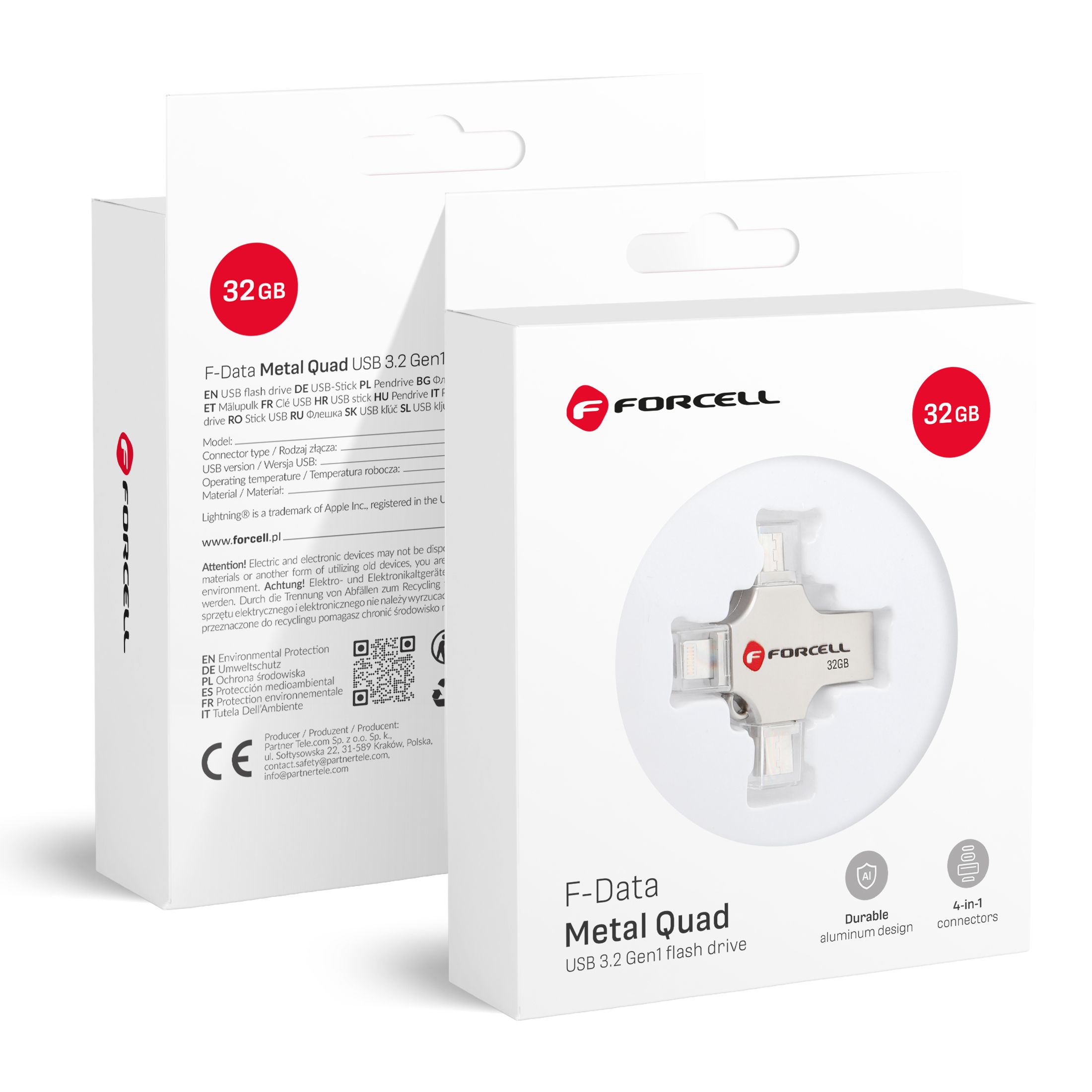 FORCELL F-DATA USB atmintukas Metal Quad 32GB USB3.2 Gen 1 (USB A / Type C / Lightning / Micro USB) sidabrinis