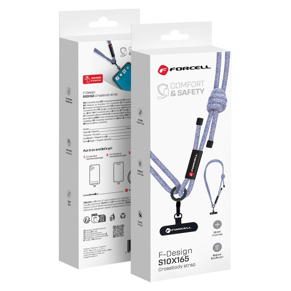 FORCELL F-DESIGN S10X165 kryžminė telefono virvelė su reguliuojamu ilgiu (maks. 82,5cm kilpoje) pilka violetinė