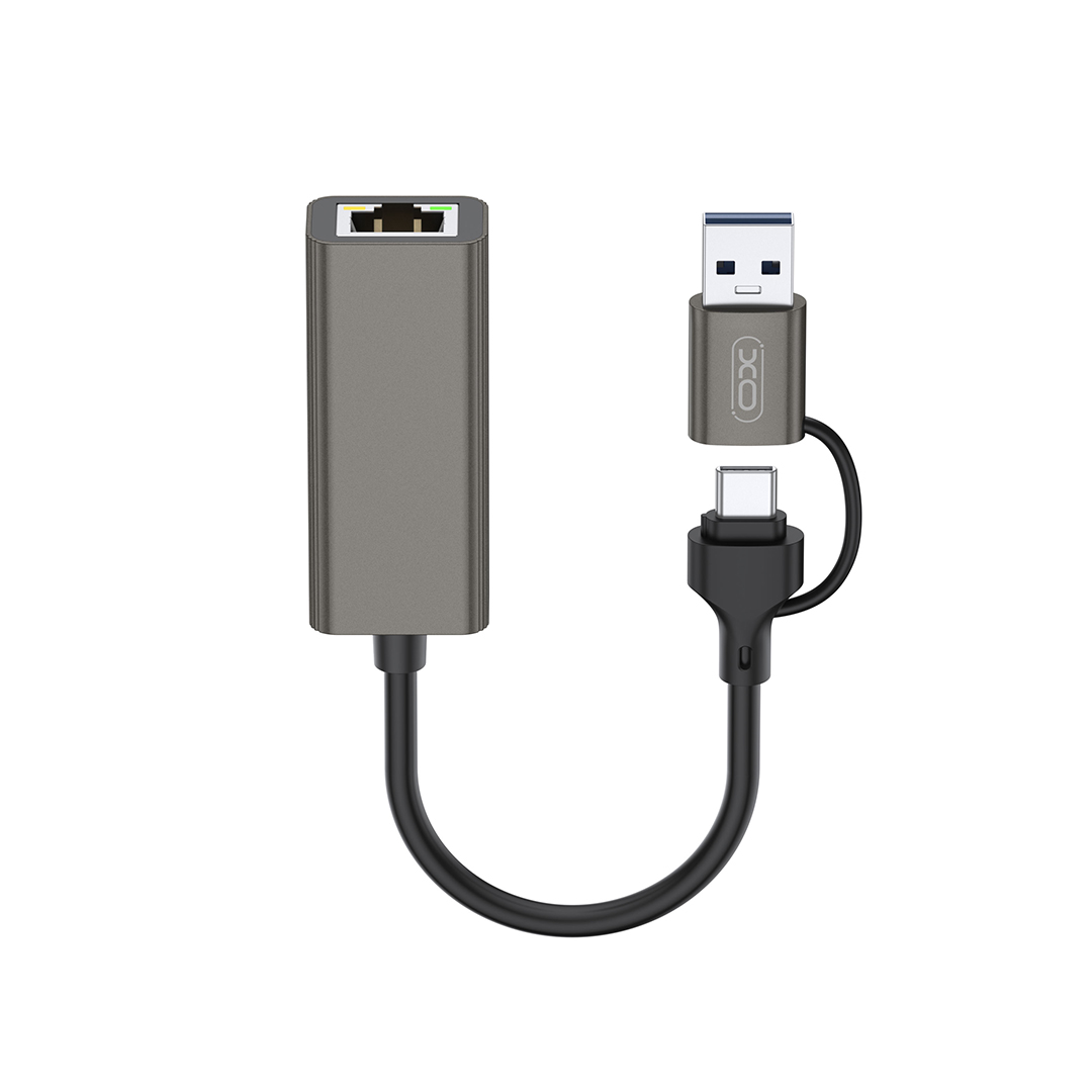 XO adapteris HUB HUB018 2w1 USB-USB-C - RJ45 pilkas