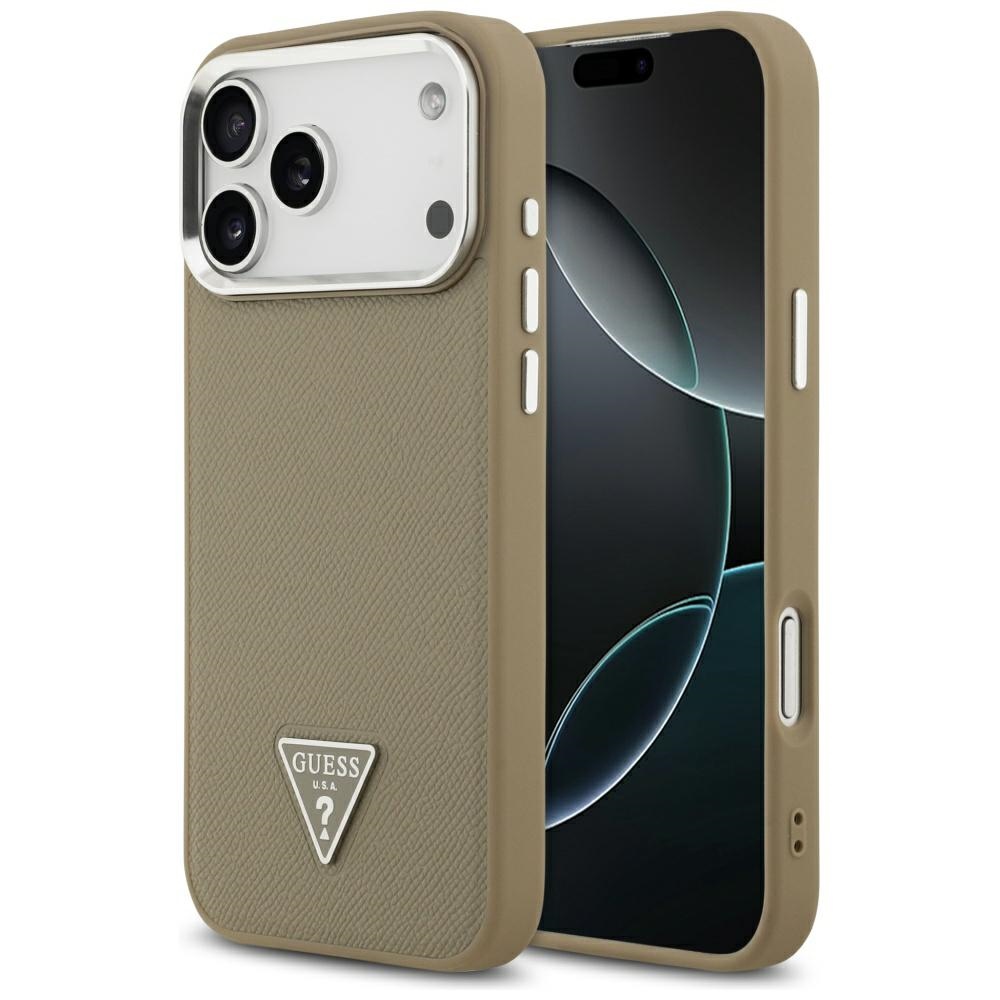 Guess Grained Triangle Logo Magnetinis dėklas telefonui iPhone 17 Pro rudas