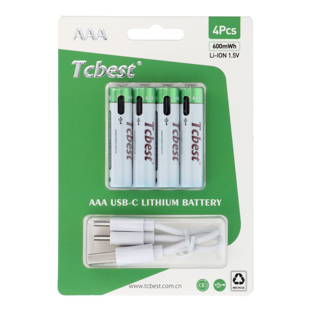 TCBEST įkraunama baterija R3 (AAA) 400 mAh su lizdu Type C + kabelis USB A į 4 x Type C 4 vnt.
