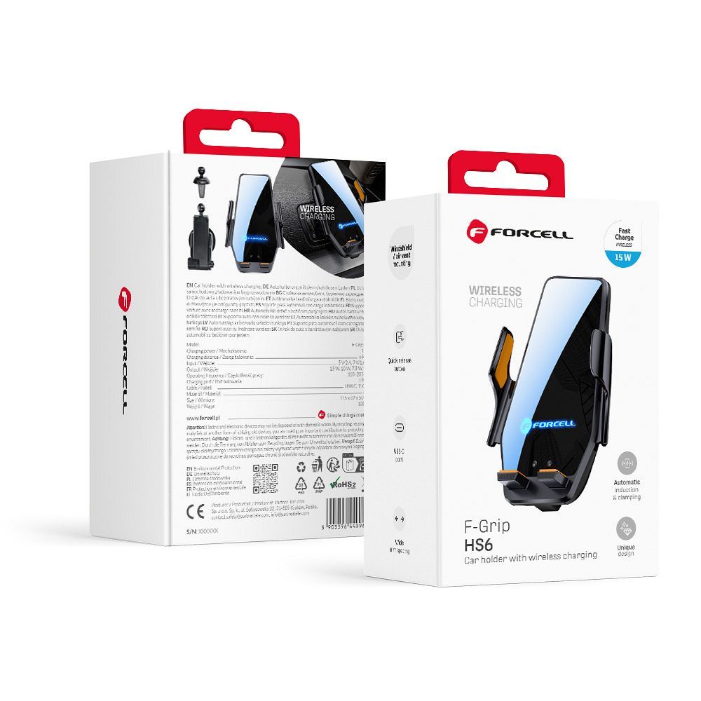 Forcell F-GRIP HS6 automobilinis laikiklis su belaidžiu įkrovikliu, tvirtinamas prie stiklo ir oro angos, juodas