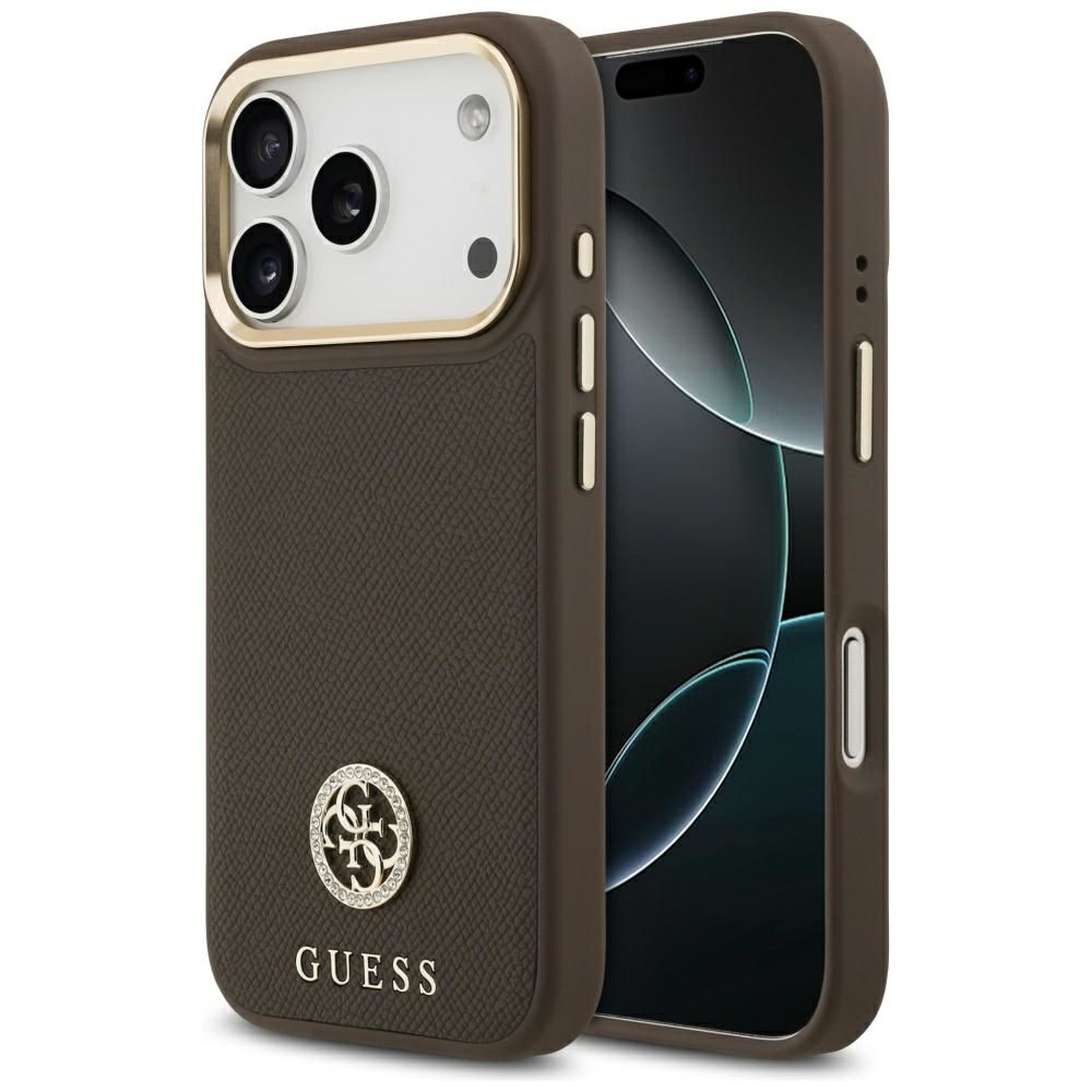 GUESS dėklas telefonui IPHONE 17 Pro su MagSafe suderintas (PU su grūdėtu Strass logotipu) - rudas