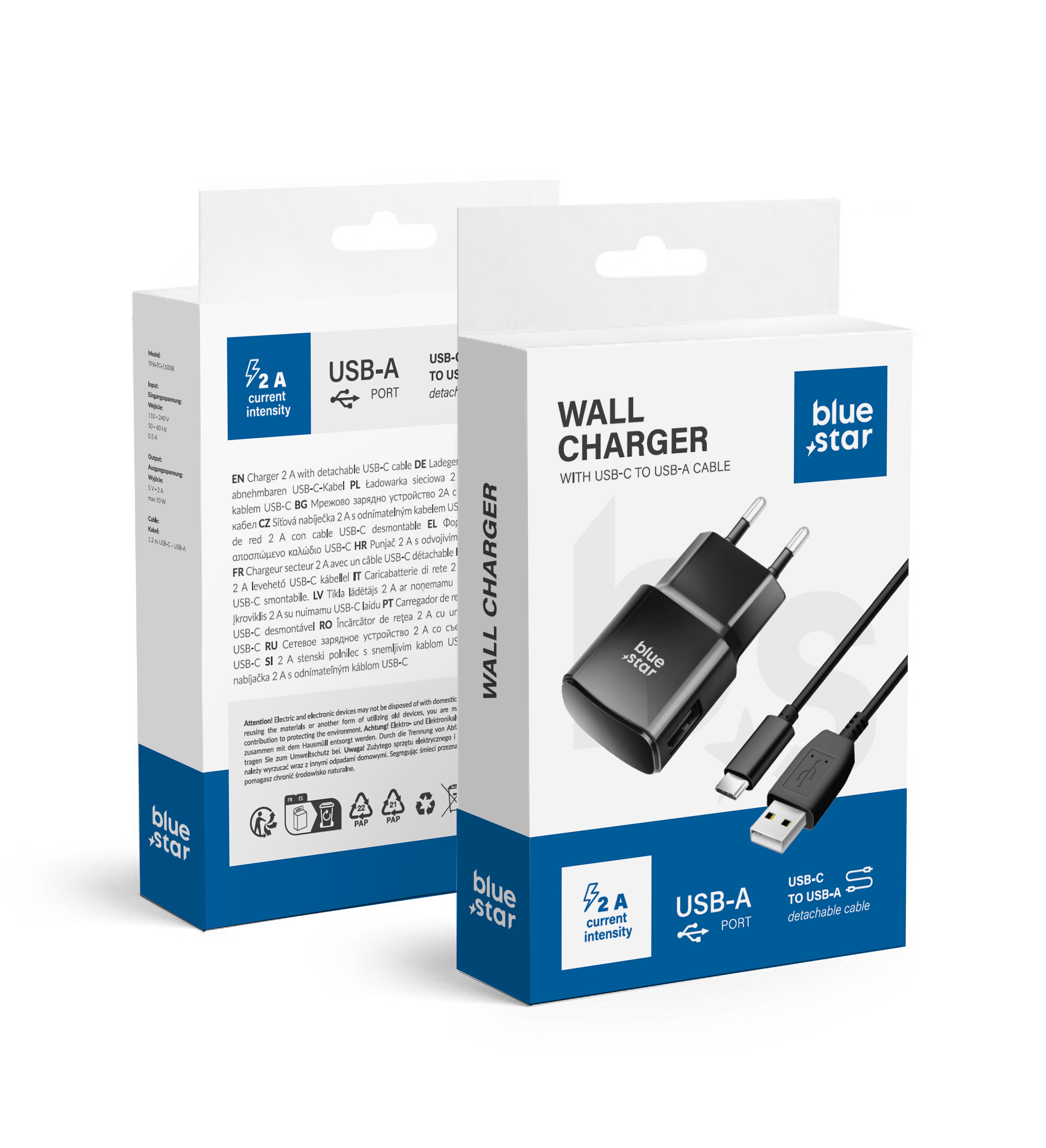 BLUE STAR kelioninis įkroviklis 2A 10W USB A + kabelis USB A į Type C TFK-TC-1100B juodas