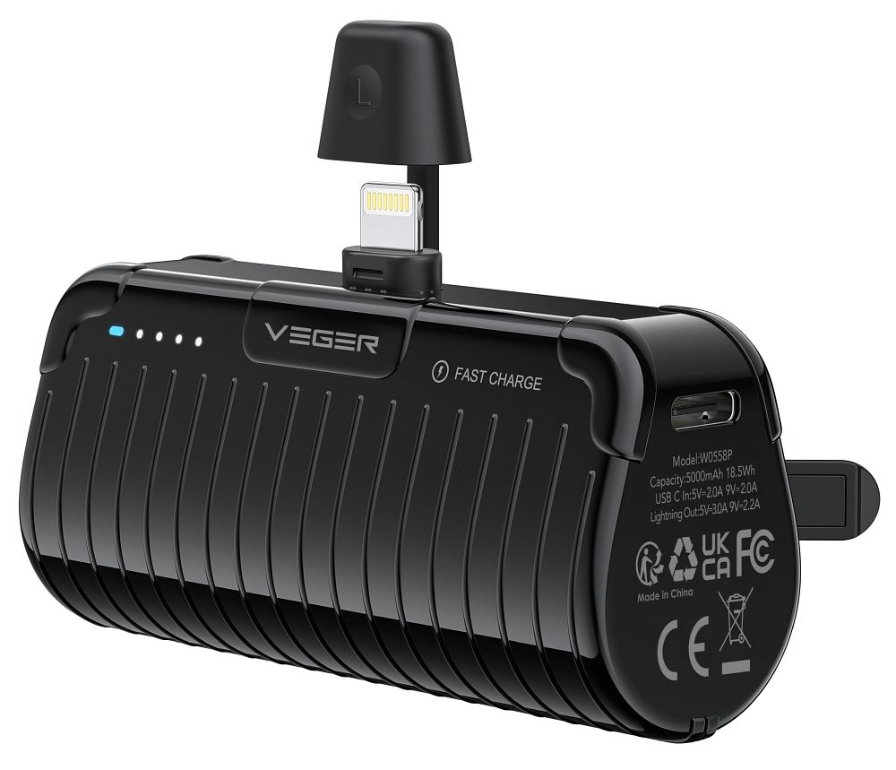 VEGER išorinė baterija 5000 mAh su įmontuotu jungtimi Lightning PlugOn PD QC3.0 3A 20W W0558P juoda