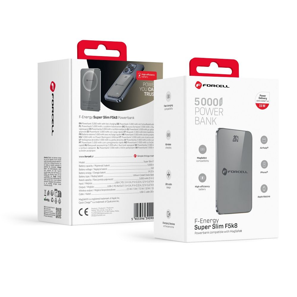 Išorinė baterija saderinta su MagSafe Forcell F-Energy SuperSlim F5K8 QC4.0 PD3.0 15W 5000 mAh pilka