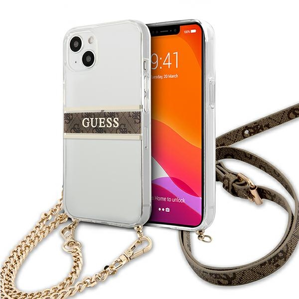 Guess GUHCP13SKC4GBGO iPhone 13 mini 5.4" skaidrus kietasis dėklas 4G rudos spalvos dirželiu ir auksine grandinėle