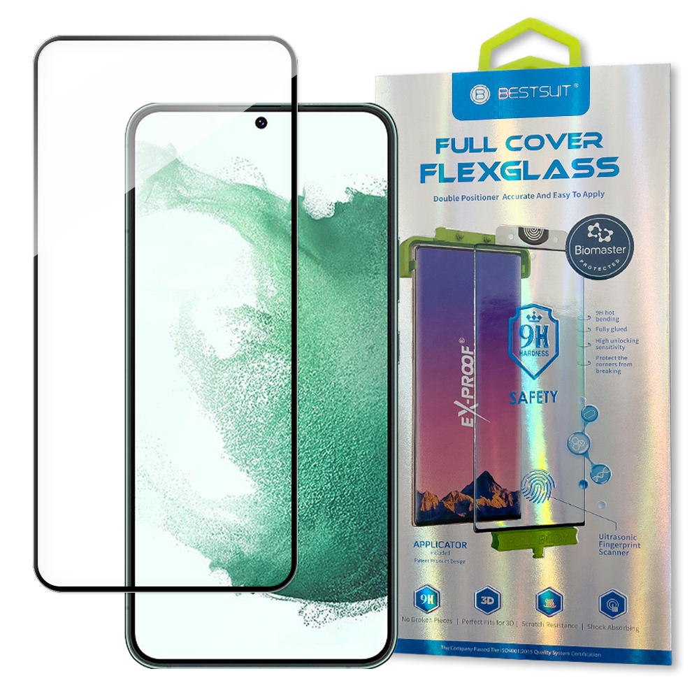 Bestsuit 3D Edge Nano Flexi Glass stiklo plėvelė visas ekranas grūdintas stiklas su rėmeliu Samsung Galaxy S22 + (S22 Plus) skaidrus