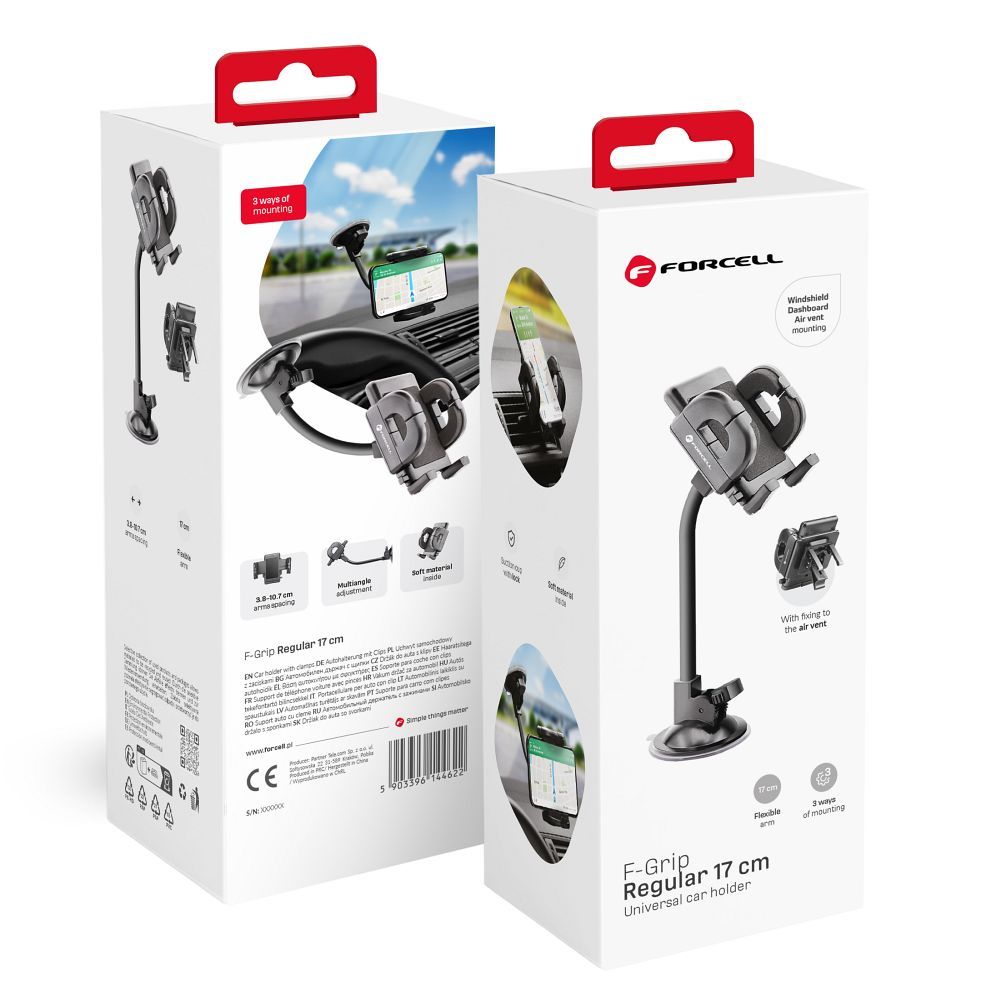 FORCELL F-GRIP Regular 17 cm automobilio laikiklis priekinio stiklo / prietaisų skydelio / oro angai juodas