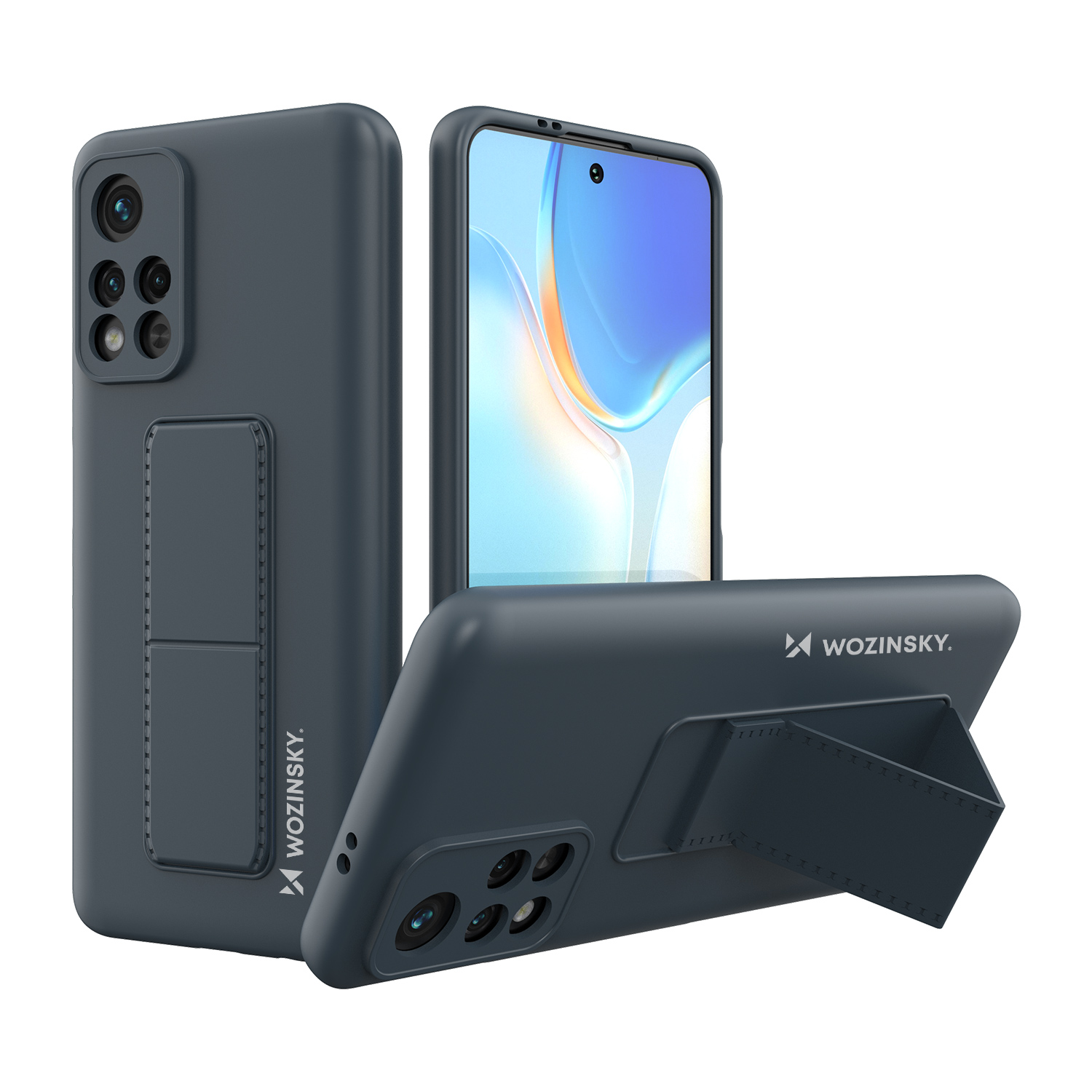 Wozinsky Kickstand Case silikoninis dėklas su stovu Xiaomi Poco M4 Pro 5G tamsiai mėlynas