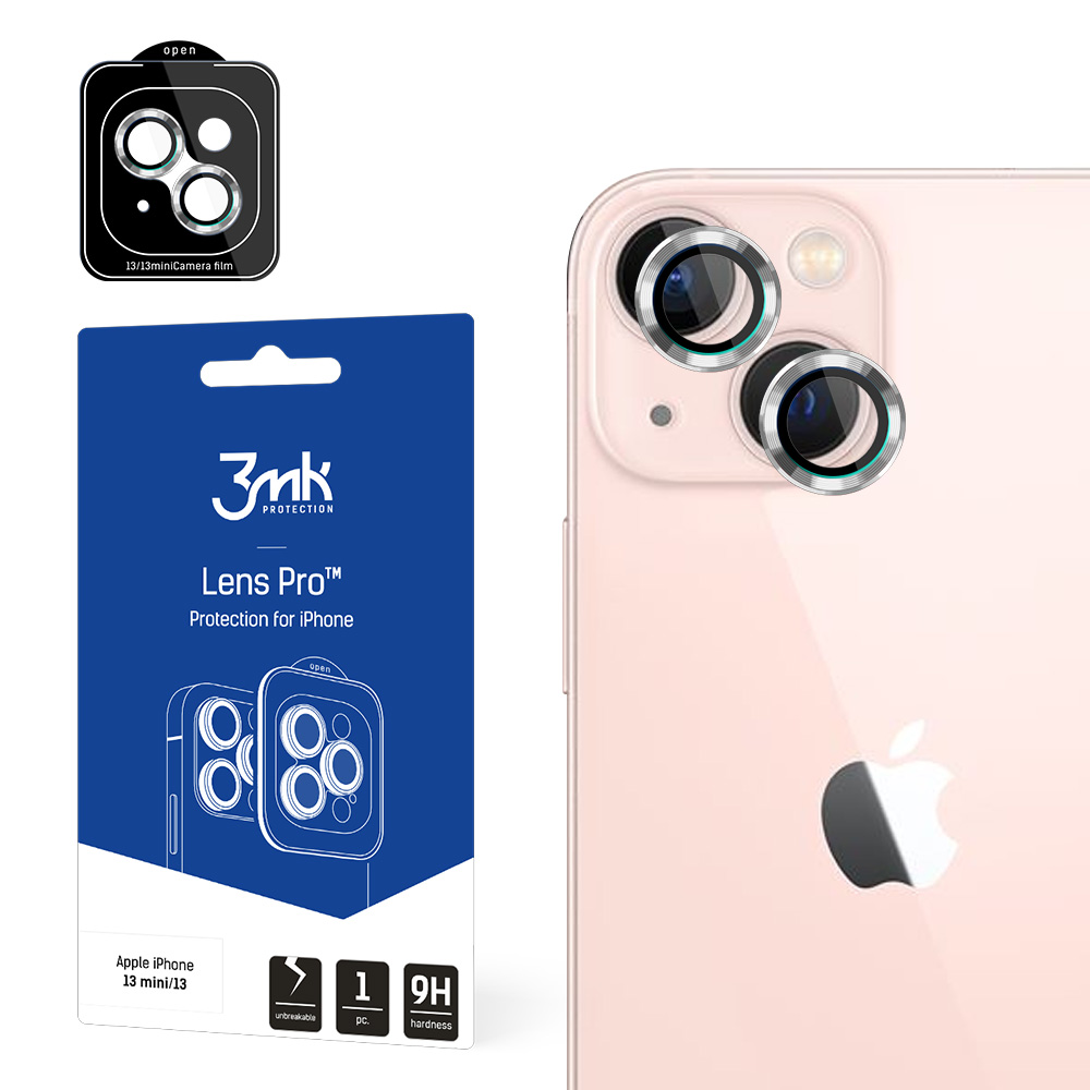 Kameros stiklas iPhone 13 mini 9H 3mk Objektyvo apsauga Pro serijos objektyvui - sidabrinis