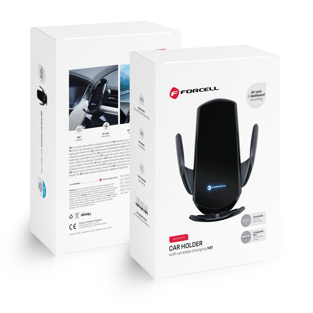FORCELL automobilio laikiklis su belaidžiu įkrovimu automatiniu jutikliu + magnetiniai adapteriai HS1 15W juodas