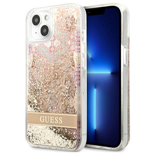 Guess GUHCP13SLFLSD iPhone 13 mini 5.4" auksinis kietas dėklas paisley skystas blizgučiai