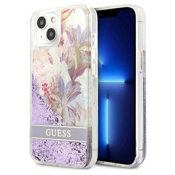 Guess GUHCP13SLFLSU iPhone 13 mini 5.4" violetinis kietas dėklas gėlių skystas blizgučiai