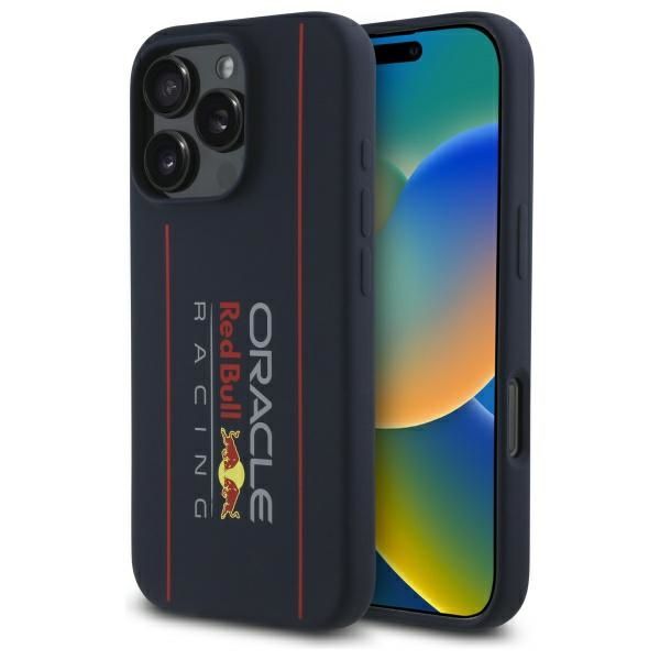 RED BULL dėklas telefonui IPHONE 16 Pro suderinamas su MagSafe RBHMP16L24SIOLRV (Silikoninis didelis vertikalus logotipas) tamsiai mėlyna