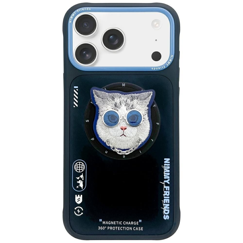 NIMMY dėklas GLASSES COOL CAT suderinamas su MagSafe IPHONE 17 Pro Max juodas mėlynas